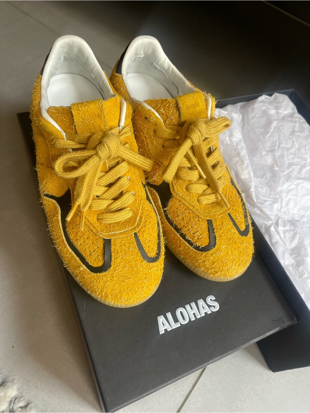 ALOHAS Yellow Shag Suede Low-Top Sneakers with Black Trim